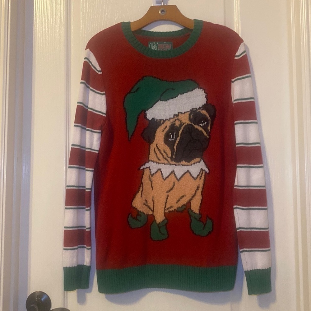 Cute Ugly Christmas Sweater Pug with Santa Hat Womens Small NWOT